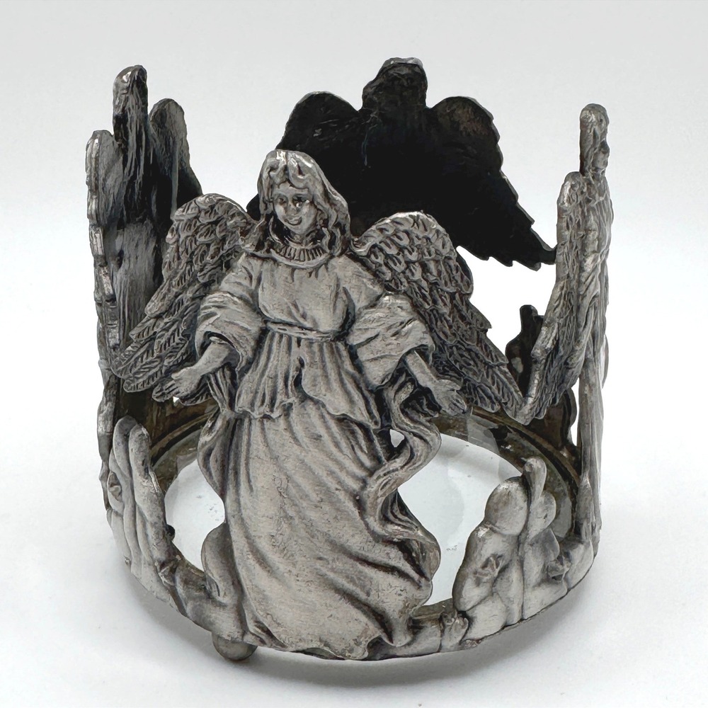 Vintage Angel Pillar Candle Holder Glass Base Pewter Tone Whimsigoth Cherub